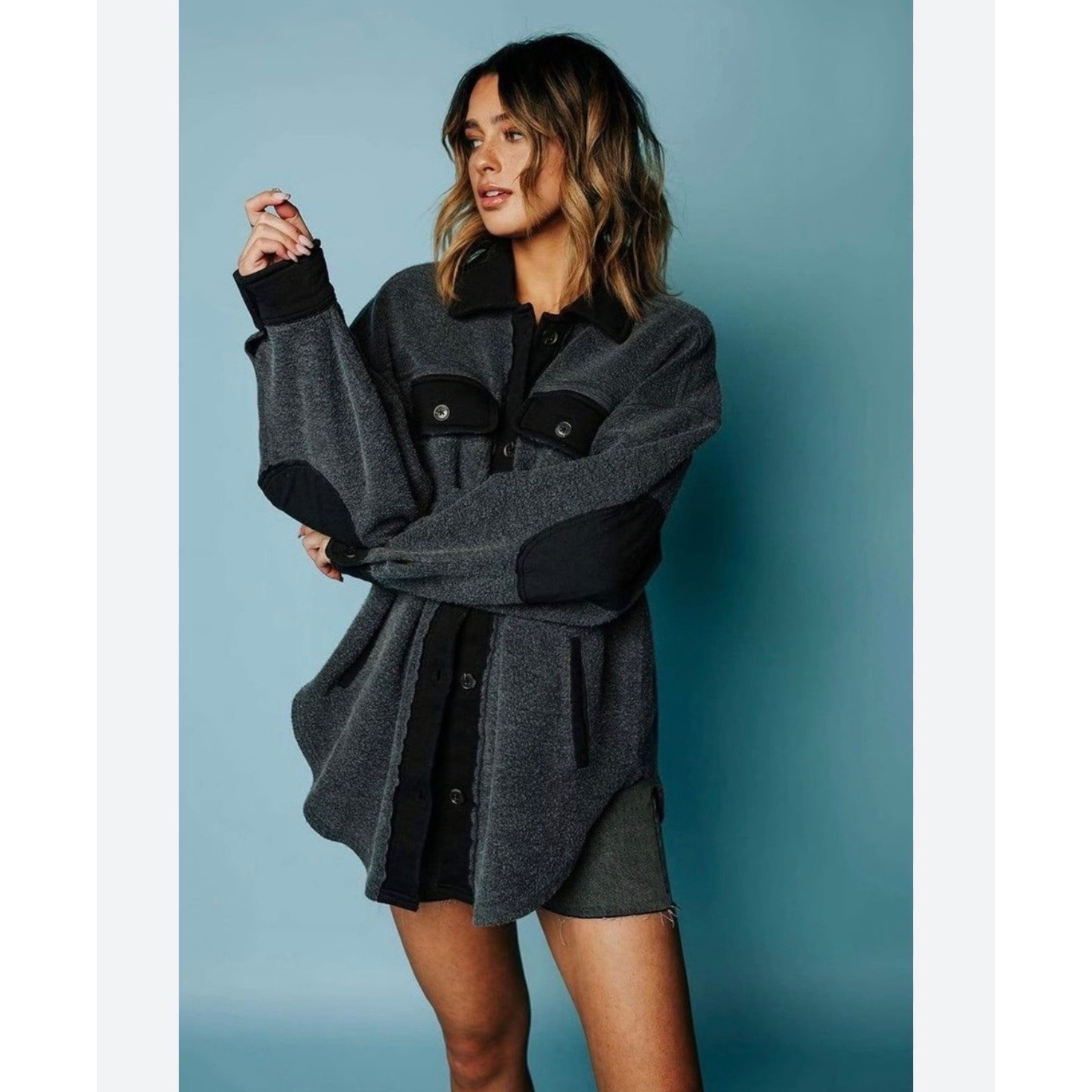 Rr Free People Ruby Jacket Charcoal Grey Fleece Oversized Button Down Shacket M